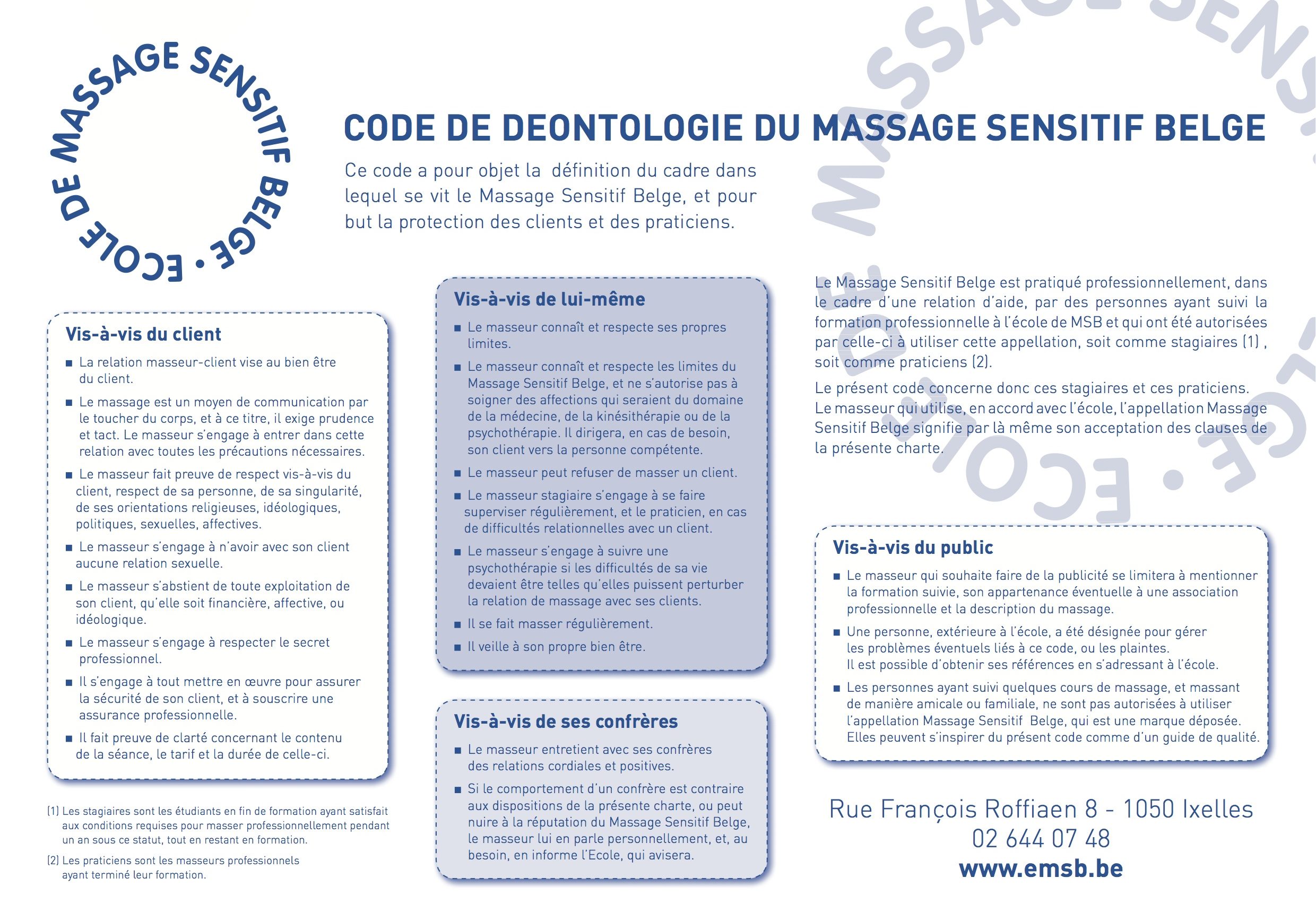 code de déontologie - ecole de massage sensitif belge